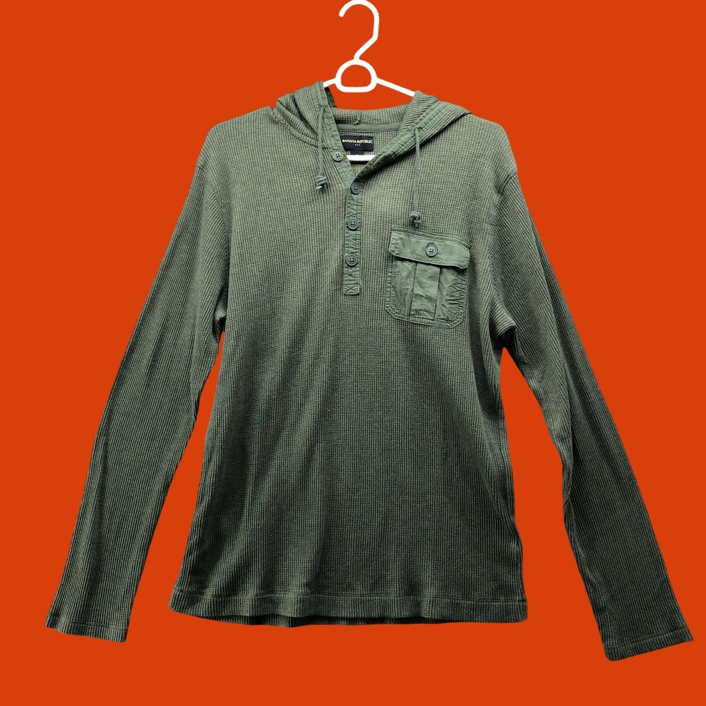 2010s Banana Republic Olive Green Thermal Waffle Knit Hooded Henley Mens M